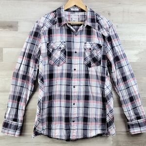 BKE Slim Fit Plaid Snap Button Shirt Black, White Mens Size XLarge